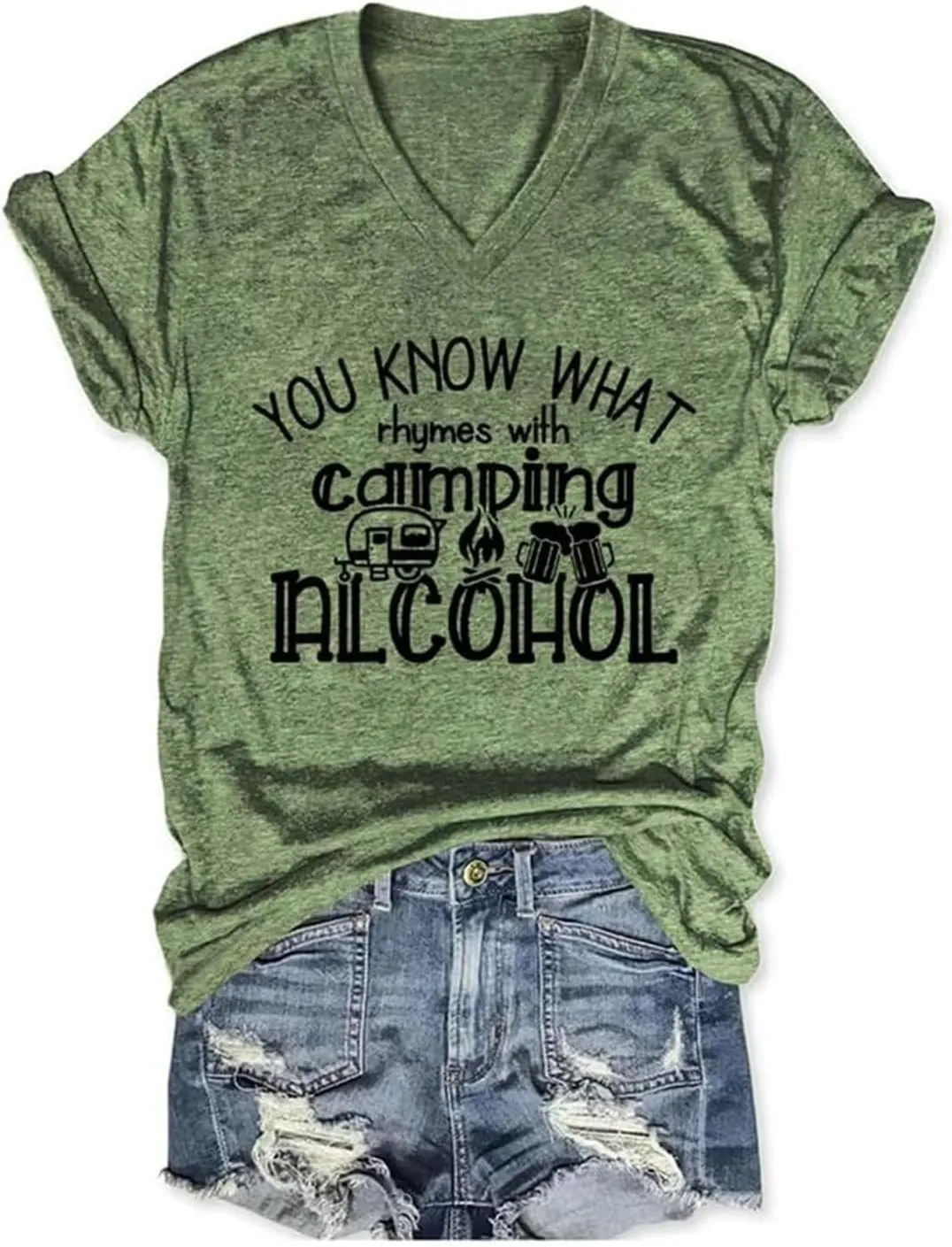 You Know What Rhymes with Camping Shirt Camping T Shirts for Women V Neck Graphic Tees Mountain Hiking Tshirt