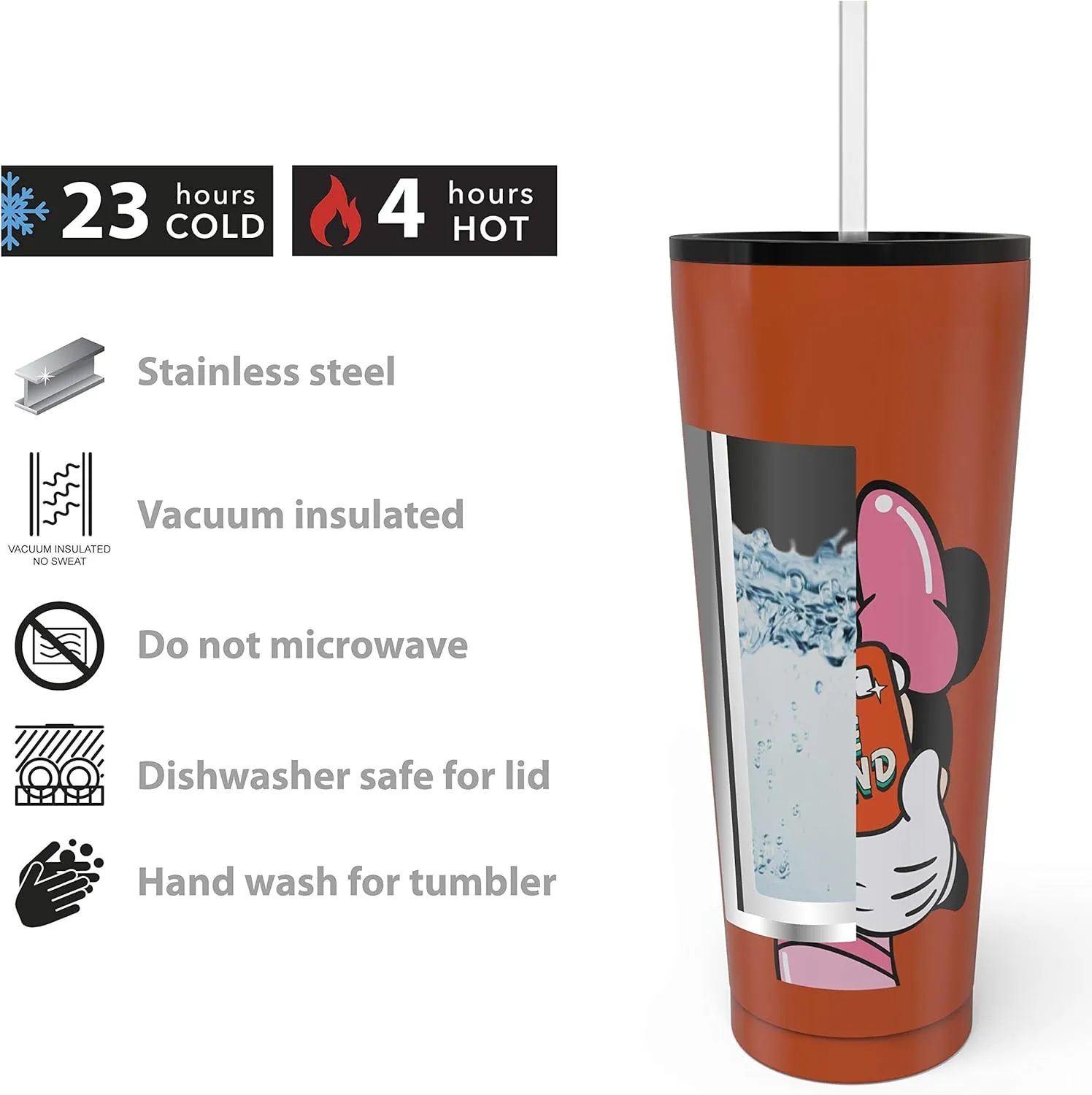 Zak Designs Disney Minnie Mouse Vacuum Insulated Stainless Steel Travel Tumbler with Splash-Proof Lid, Includes Reusable Plastic Straw and Fits in Car Cup Holders (18/8 SS, 25 oz, Sure Thing)
