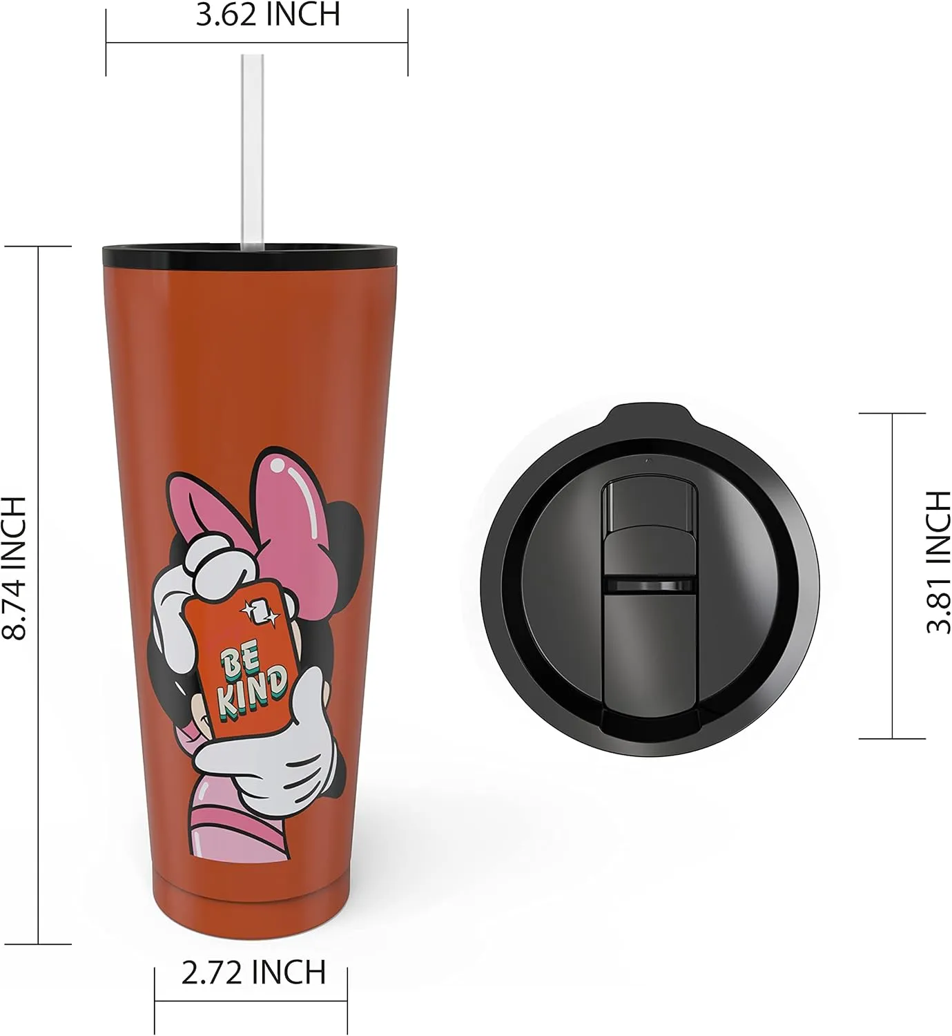 Zak Designs Disney Minnie Mouse Vacuum Insulated Stainless Steel Travel Tumbler with Splash-Proof Lid, Includes Reusable Plastic Straw and Fits in Car Cup Holders (18/8 SS, 25 oz, Sure Thing)
