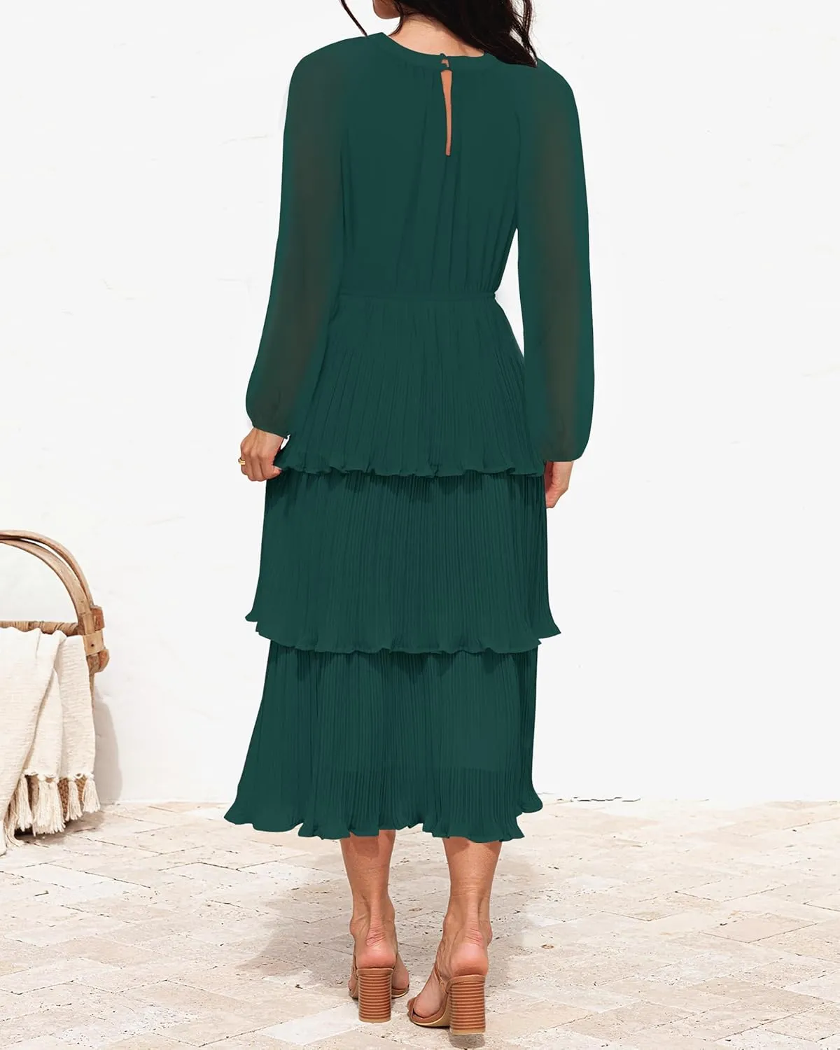 ZESICA Women's 2025 Long Sleeve Crew Neck Ruffle Tiered Layered Chiffon Flowy Swing Long Midi Dress