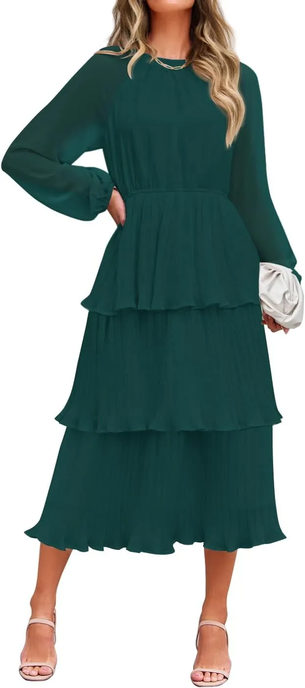 ZESICA Women's 2025 Long Sleeve Crew Neck Ruffle Tiered Layered Chiffon Flowy Swing Long Midi Dress