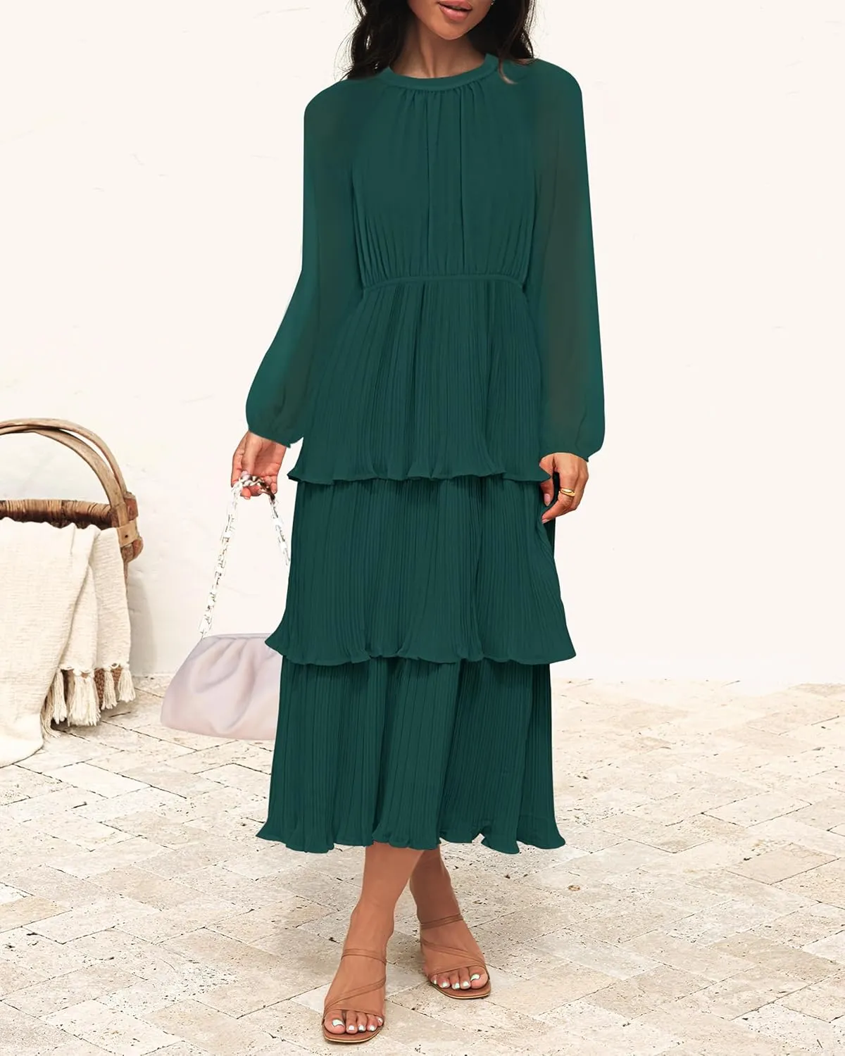ZESICA Women's 2025 Long Sleeve Crew Neck Ruffle Tiered Layered Chiffon Flowy Swing Long Midi Dress