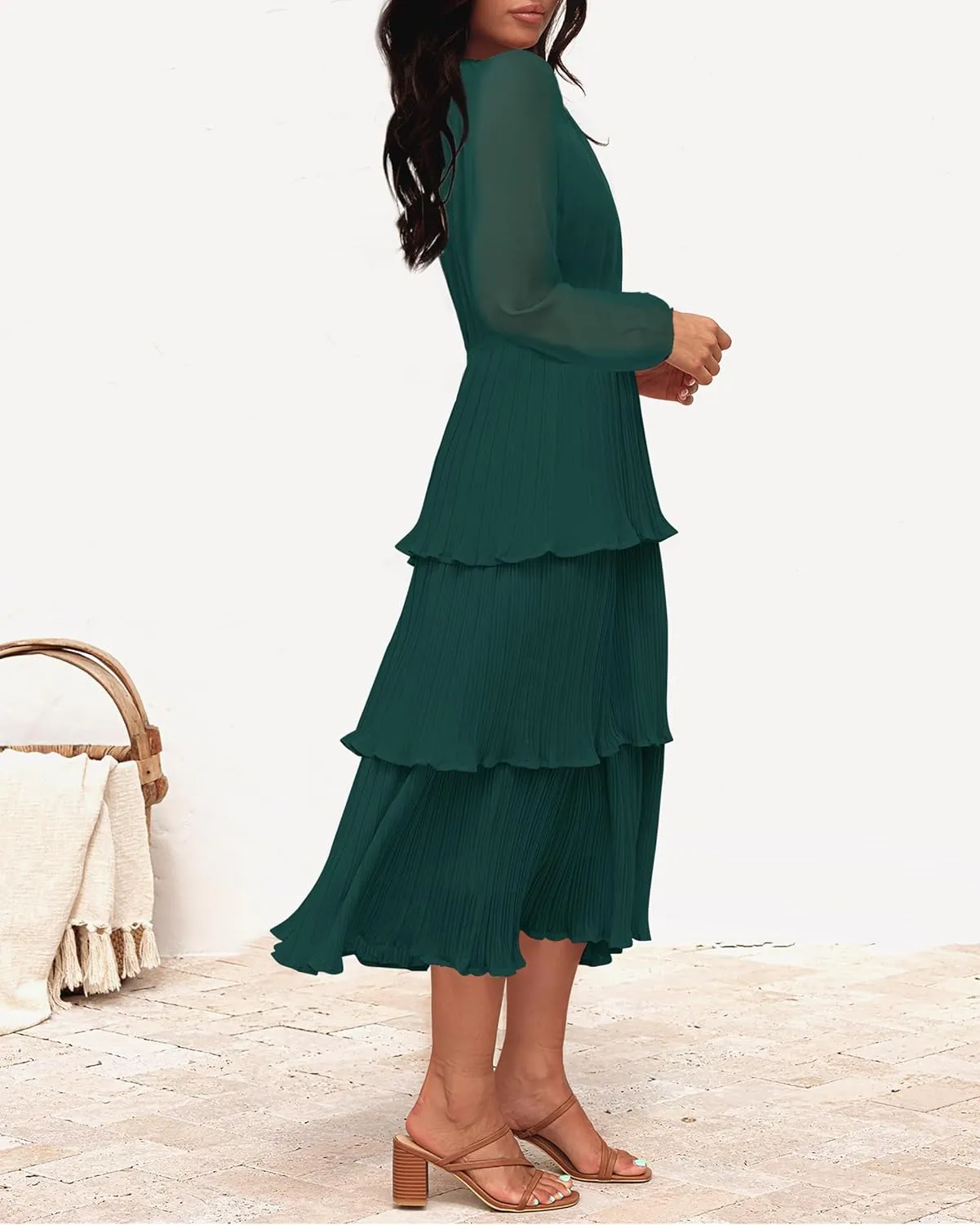 ZESICA Women's 2025 Long Sleeve Crew Neck Ruffle Tiered Layered Chiffon Flowy Swing Long Midi Dress