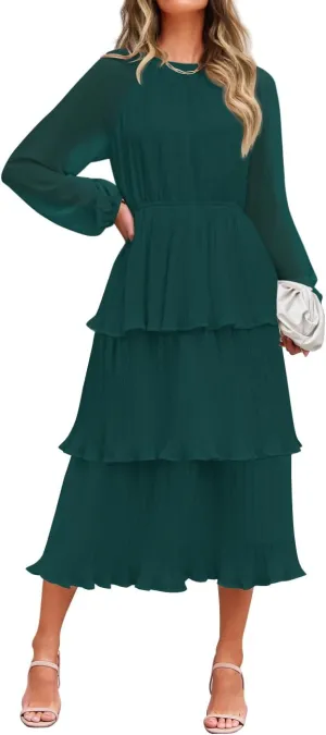 ZESICA Women's 2025 Long Sleeve Crew Neck Ruffle Tiered Layered Chiffon Flowy Swing Long Midi Dress