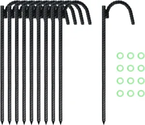 Zi Nan 12 Inch 10 Pack Rebar Heavy Duty J Hook Ground Stakes, Steel Garden Anchors, Trampoline, Chain Link Fence Stakes