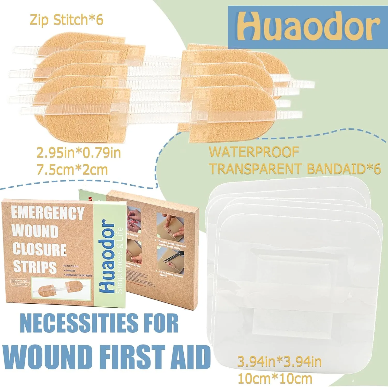 Zipstitch Emergency Wound Closure Device - FSA/HSA Eligible - Huaodor 6pk Laceration Closure Kit | Butterfly Strips Without Suture | Easy to Use