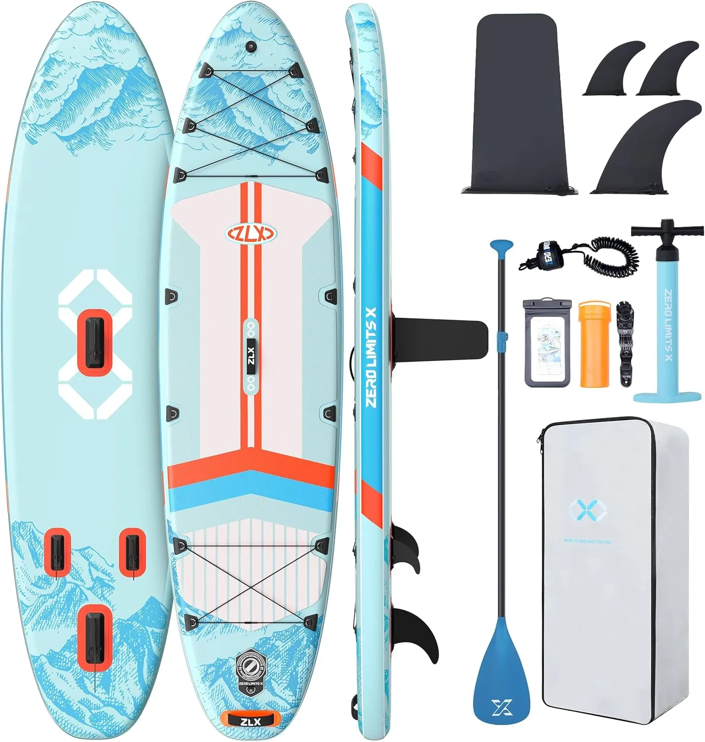 ZLX 11'6" Extra Wide Inflatable Stand Up Paddle Board SUP, Stable Non-Slip Deck Pad, Unique Fin System and Premium iSUP Accessories - Portable Backpack & Upgraded Pump for Adults, All Skill Levels