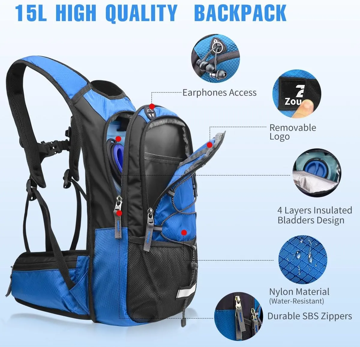 Zounich Hydration Backpack, Breathable Running Backpack with 3L Water Bladder, Large Capacity Hiking Rucksack Outdoors Hydration Bag Pack Perfect for Cycling Camping Fitness Climbing Fits Men & Women