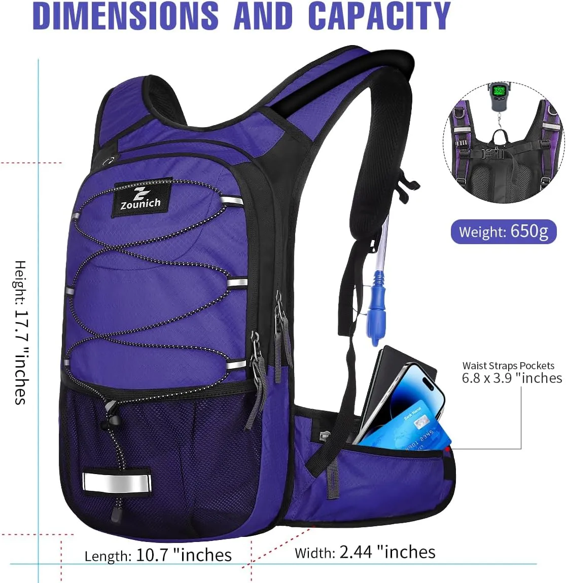 Zounich Hydration Backpack, Breathable Running Backpack with 3L Water Bladder, Large Capacity Hiking Rucksack Outdoors Hydration Bag Pack Perfect for Cycling Camping Fitness Climbing Fits Men & Women