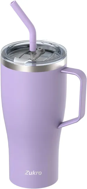Zukro 32 oz Tumbler with Handle and Straw, No Sweat Insulated Stainless Steel Cup with 2 Lids, Leakproof Travel Coffee Mug Keeps Drinks Cold 24 Hours, Fit in Cupholder, Lilac