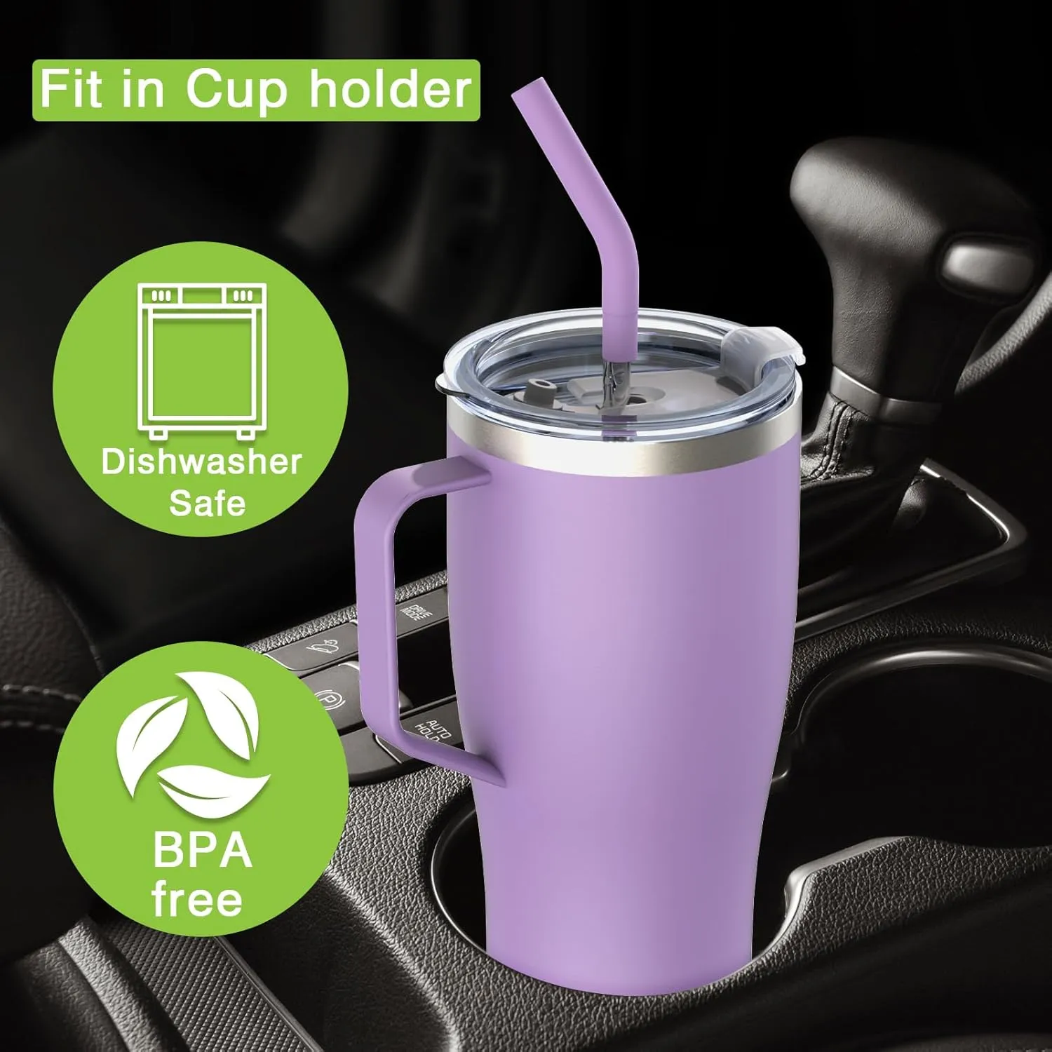 Zukro 32 oz Tumbler with Handle and Straw, No Sweat Insulated Stainless Steel Cup with 2 Lids, Leakproof Travel Coffee Mug Keeps Drinks Cold 24 Hours, Fit in Cupholder, Lilac