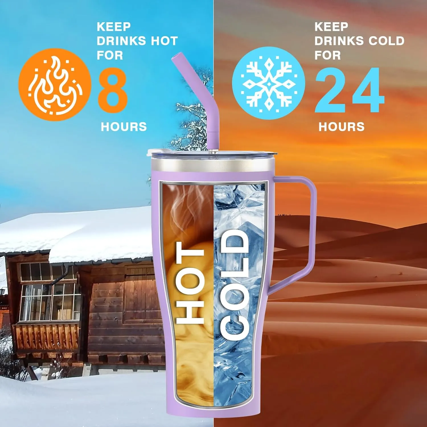 Zukro 32 oz Tumbler with Handle and Straw, No Sweat Insulated Stainless Steel Cup with 2 Lids, Leakproof Travel Coffee Mug Keeps Drinks Cold 24 Hours, Fit in Cupholder, Lilac