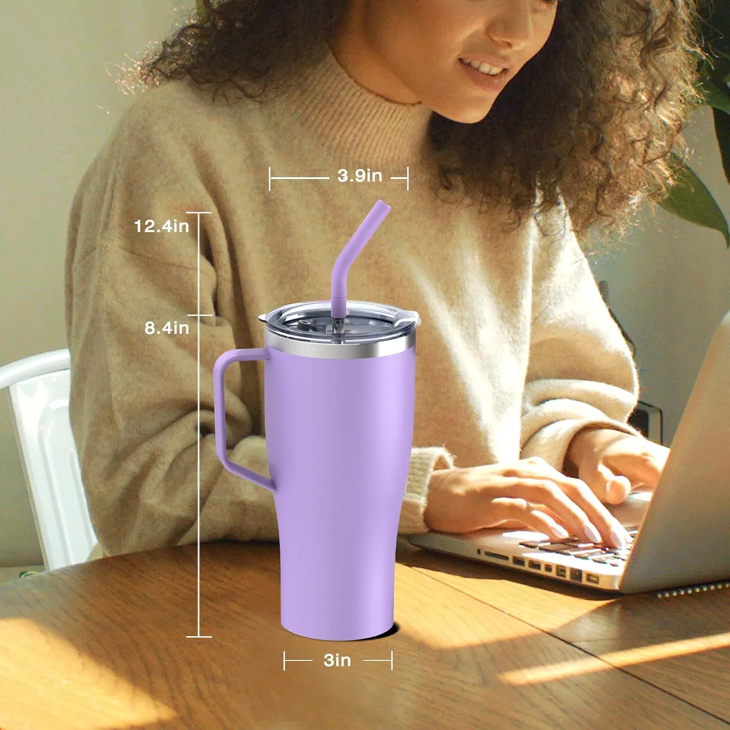 Zukro 32 oz Tumbler with Handle and Straw, No Sweat Insulated Stainless Steel Cup with 2 Lids, Leakproof Travel Coffee Mug Keeps Drinks Cold 24 Hours, Fit in Cupholder, Lilac
