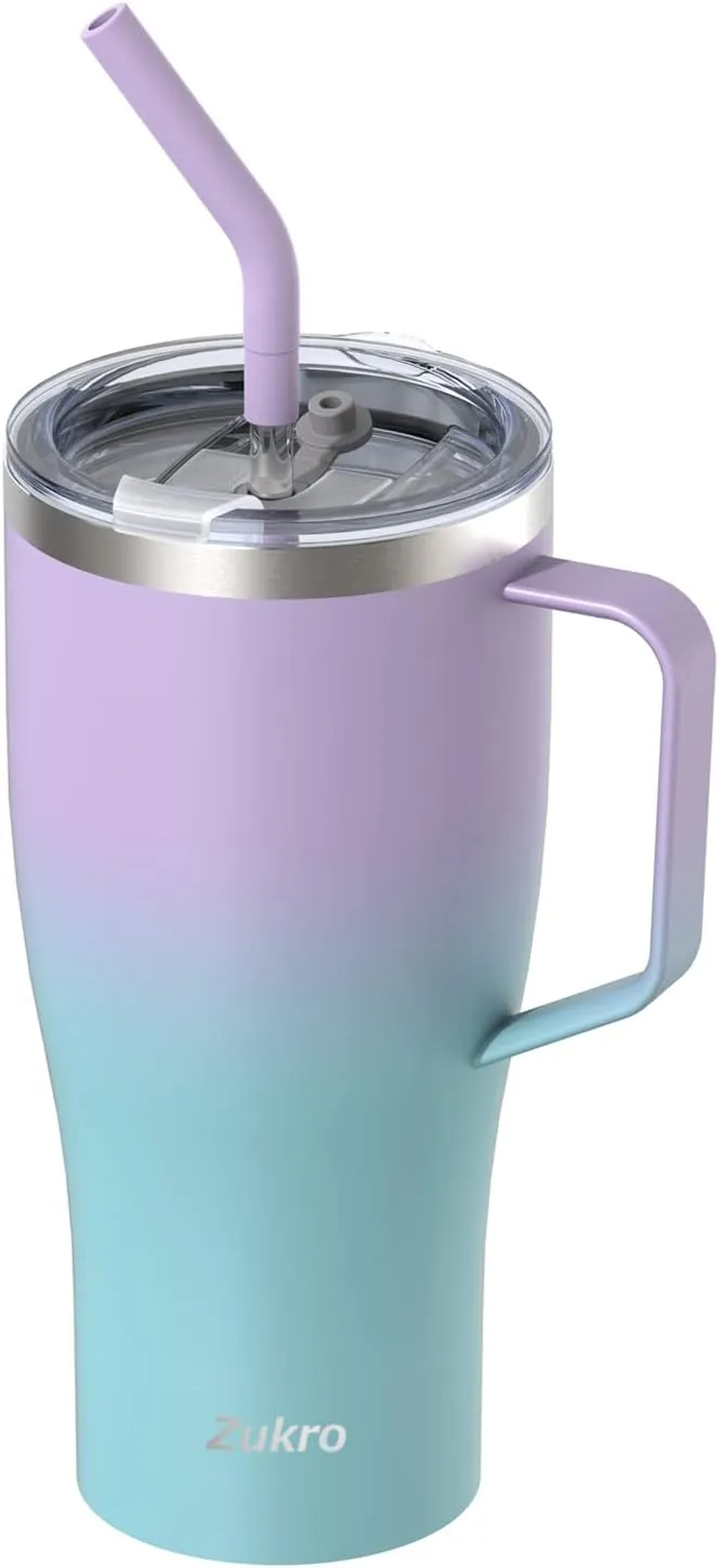 Zukro 32 oz Tumbler with Handle and Straw, No Sweat Insulated Stainless Steel Cup with 2 Lids, Leakproof Travel Coffee Mug Keeps Drinks Cold 24 Hours, Fit in Cupholder