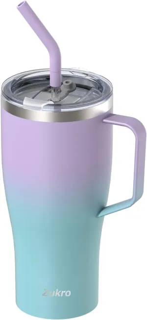 Zukro 32 oz Tumbler with Handle and Straw, No Sweat Insulated Stainless Steel Cup with 2 Lids, Leakproof Travel Coffee Mug Keeps Drinks Cold 24 Hours, Fit in Cupholder