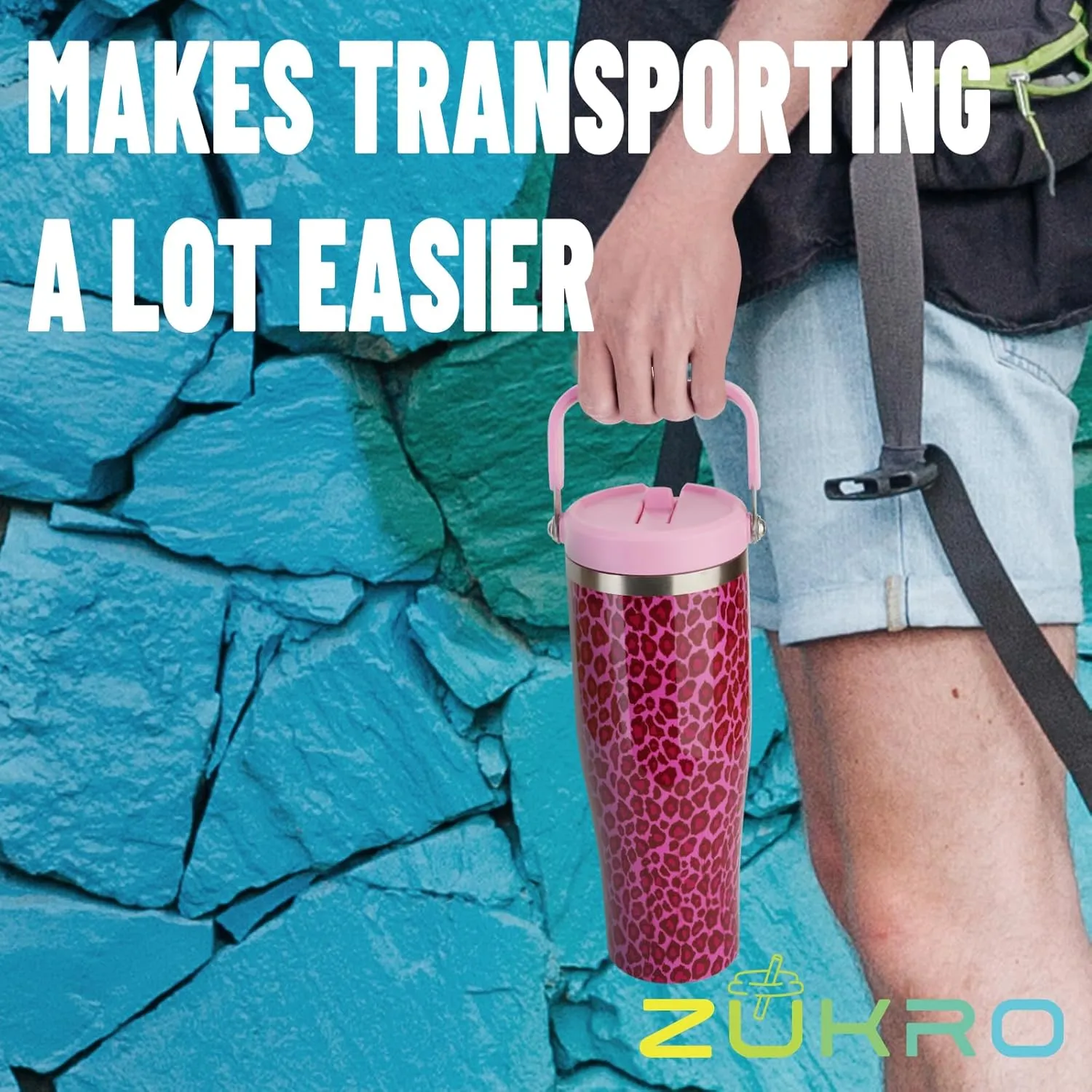 Zukro 50 OZ Tumbler With Flip Straw |Stainless Steel Water Jug With Top Handle For Gym, Outdoors, Car |Large Leak Proof Triple-wall Vacuum Insulated Water Bottle Keeps Cold 34 Hours & Easy Carry