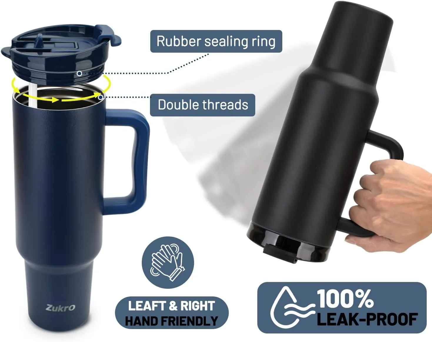 Zukro 50 oz Tumbler With Handle and Flip Straw, Leak Proof Lid, Insulated Stainless Steel Reusable Gym Water Bottle, Large Travel Cup Fit in Cupholder, BPA-Free, Gift for Women & Men, Navy Blue