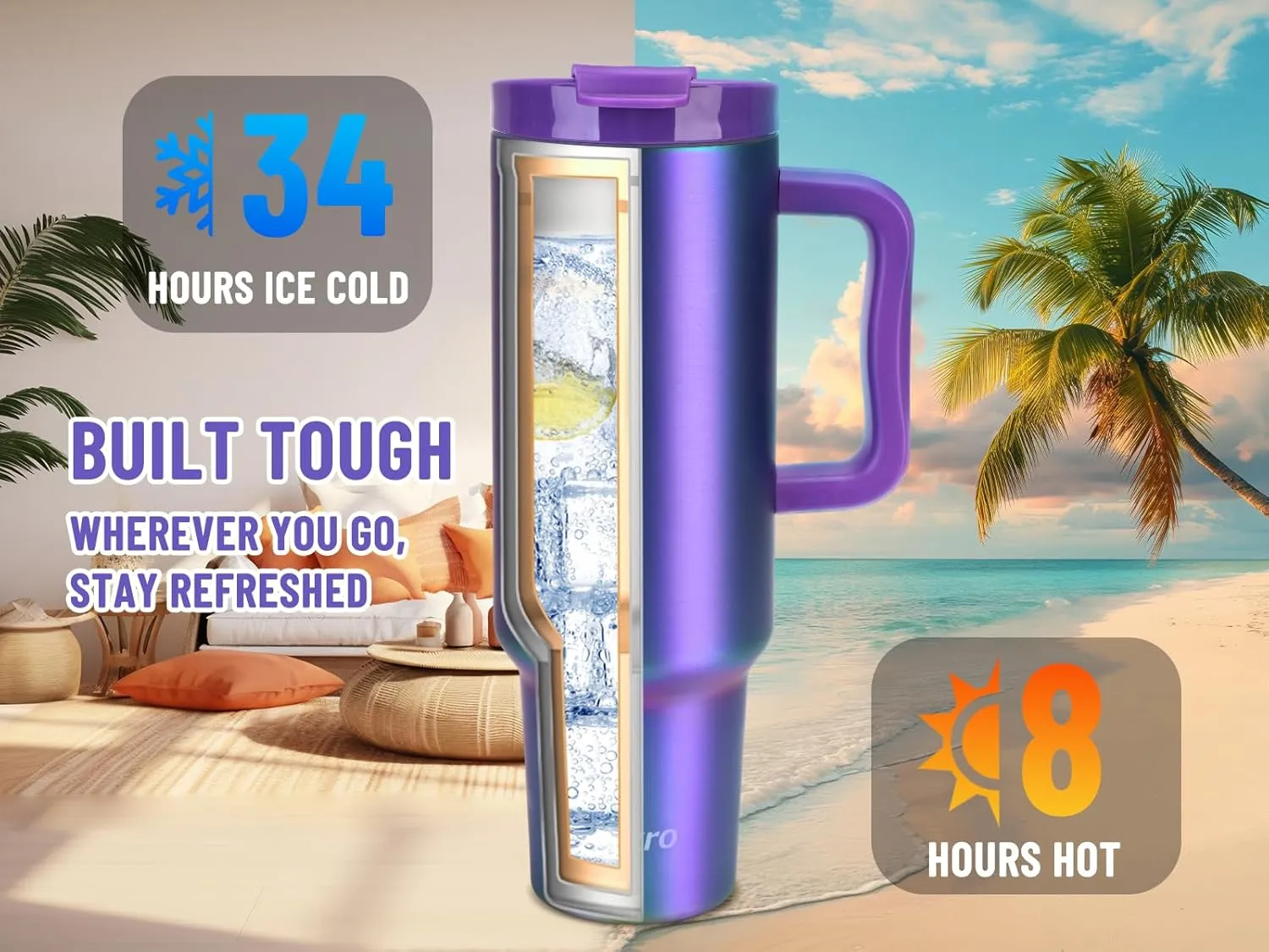 Zukro 50 oz Tumbler With Handle and Flip Straw, Leak Proof Lid, Insulated Stainless Steel Reusable Gym Water Bottle, Large Travel Cup Fit in Cupholder, BPA-Free, Gift for Women & Men, Navy Blue