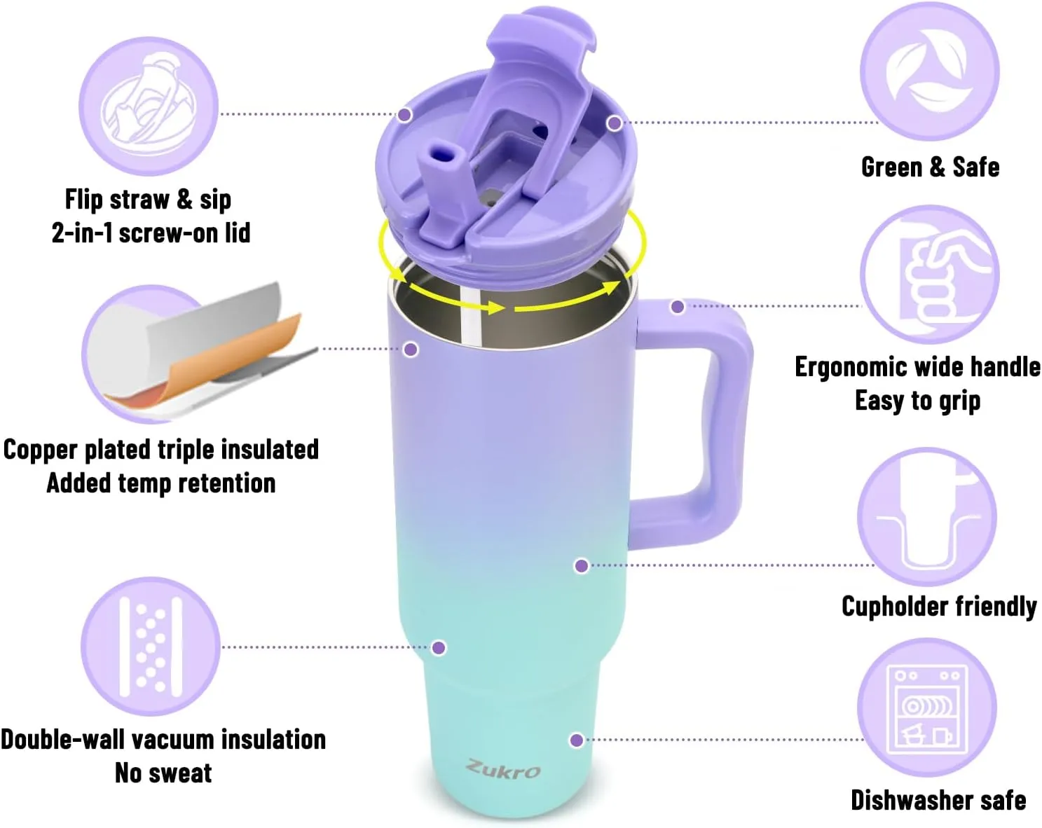 Zukro 50 oz Tumbler With Handle and Flip Straw, Leak Proof Lid, Insulated Stainless Steel Reusable Gym Water Bottle, Large Travel Cup Fit in Cupholder, BPA-Free, Gift for Women & Men, Navy Blue