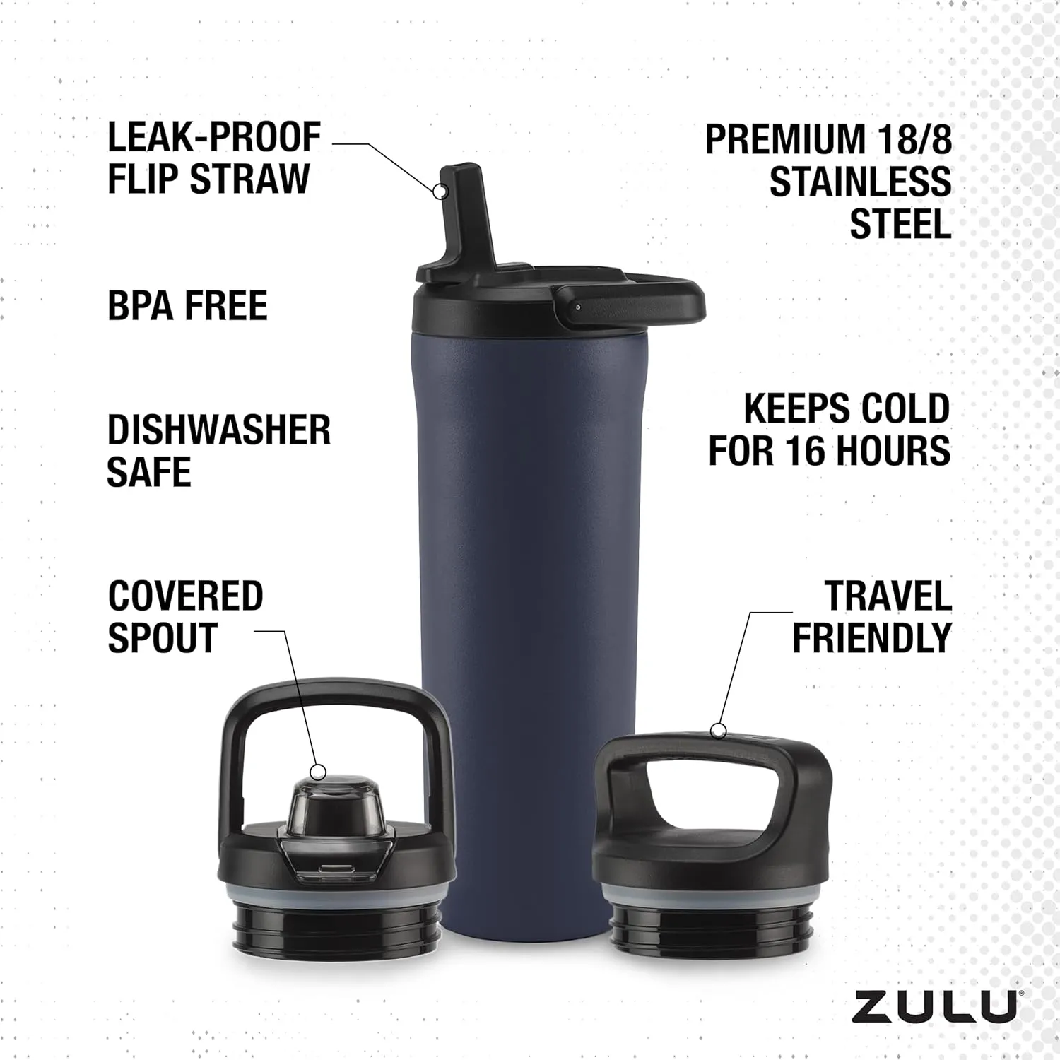 ZULU Base 18oz Kids Stainless Steel Water Bottle with 3 Lids- Straw, Chug, Twist | Double Walled and Vacuum Insulated Metal Thermos | Fits Car Cupholder, Built in Carry Loop, Dishwasher Safe, Navy